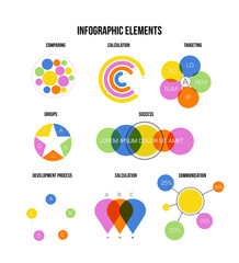 Infographic Elements Vector Set Modern Business Process Presentation. Pie Chart, Circular Bar, Linear Diargam Targeting, Development Report. Chart Graphic Business Statistics Cool Infographic Template