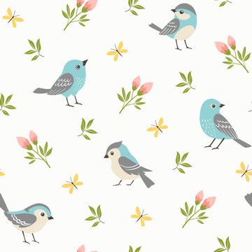 Seamless pattern of blue little birds with rosebuds, small branches and yellow butterflies. 