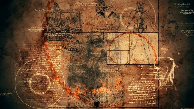 An arty 3d rendering of Code Da Vinci covering the portrait of the old genius, a specific device resembling a tripod, and anatomical man and other renaissance drawings and texts.