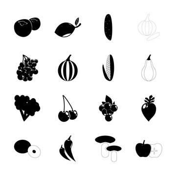 icon Fruits And Vegetables with melon, cherry bomb, dredge corn, lemon and pickling cucumber