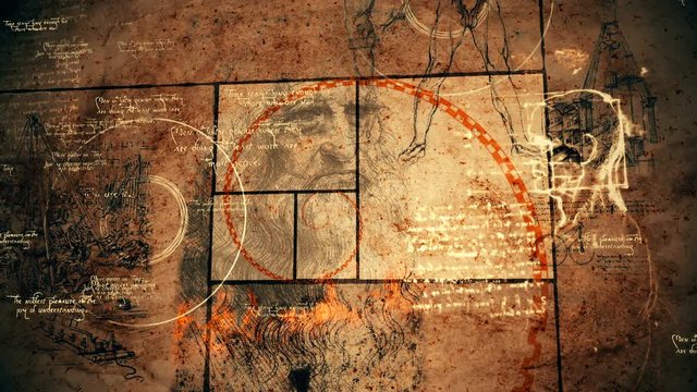 A zoom-in 3d rendering of Code Da Vinci spiral moving over the portrait of the old genius, an old device looking like a tripod, and other medieval drawings, figures and texts.