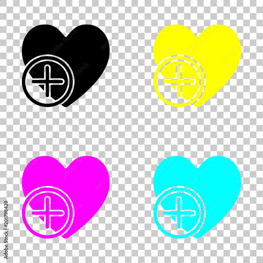 Poster heart and plus. simple silhouette. colored set of cmyk icons on transparent background