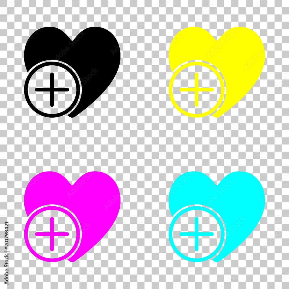 Poster heart and plus. simple silhouette. colored set of cmyk icons on transparent background
