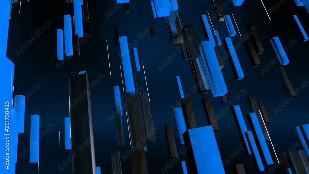 Poster a graphic 3d rendering of cyan, grey and black lines dashing vertically in the dark blue background.