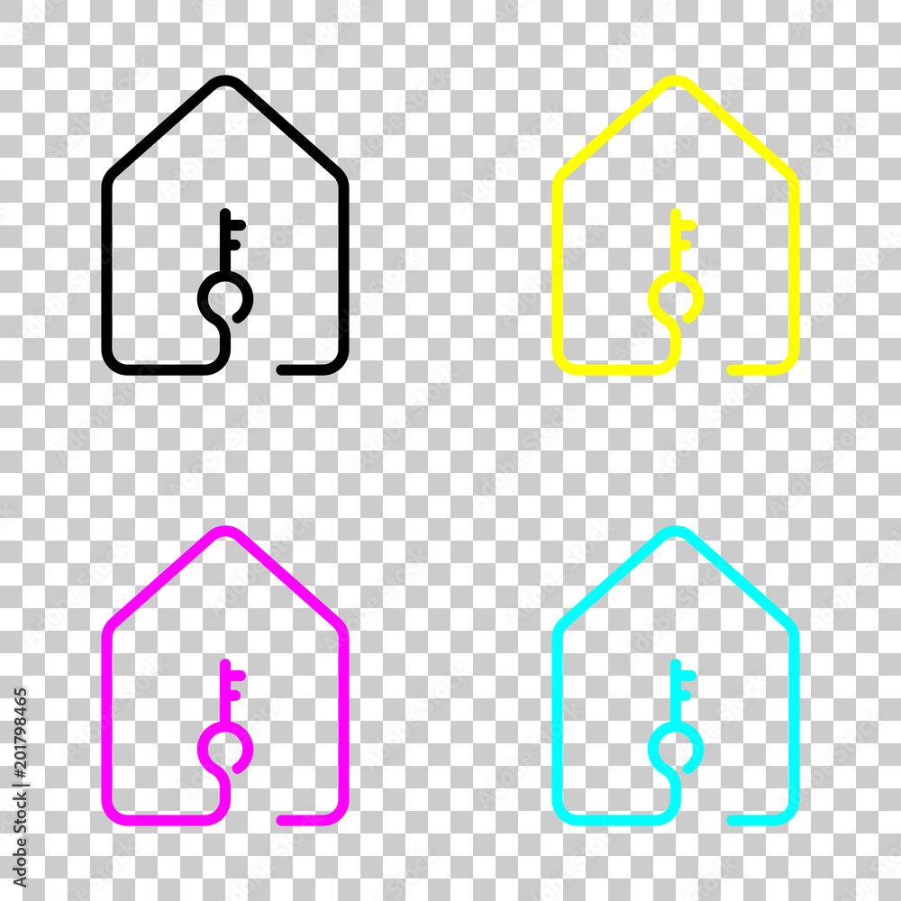 Poster house with key icon. line style. colored set of cmyk icons on transparent background