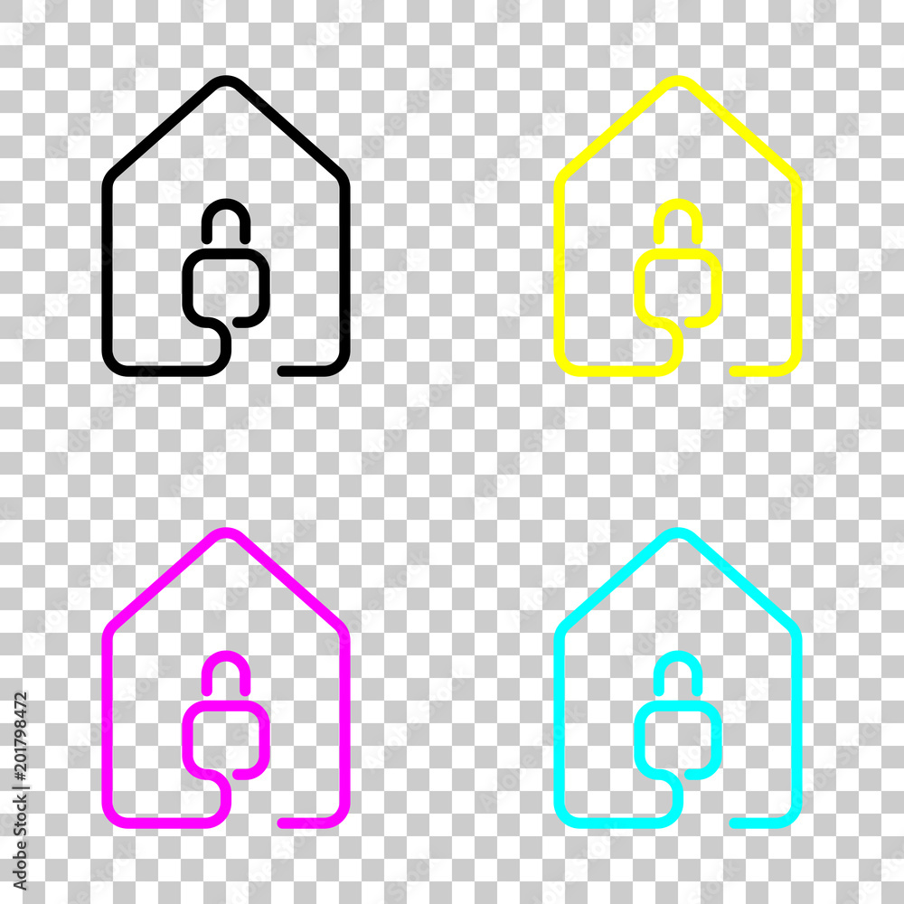 Poster house with lock icon. line style. colored set of cmyk icons on transparent background