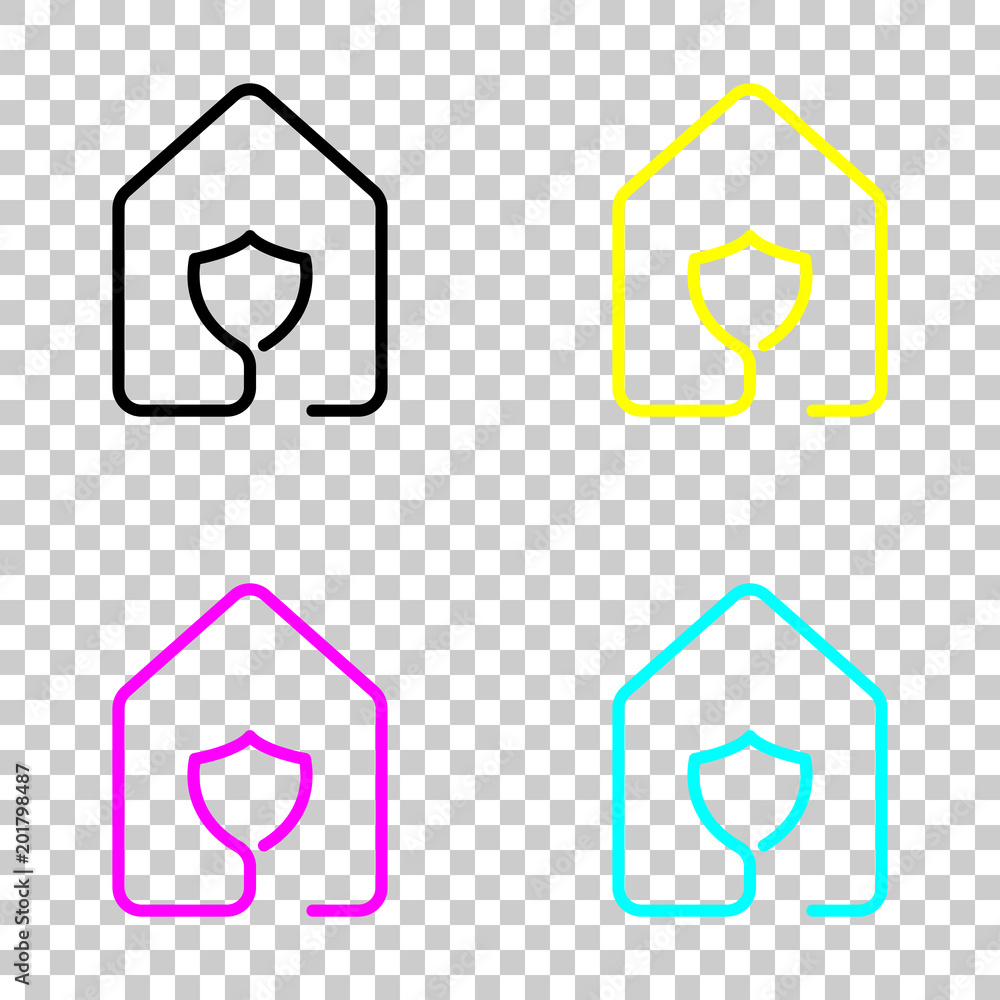 Poster house with protect icon. line style. colored set of cmyk icons on transparent background