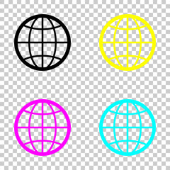 globe, planet. simple silhouette. Colored set of cmyk icons on transparent background