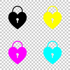 heart lock, padlock. simple silhouette. Colored set of cmyk icons on transparent background