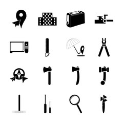 icon Instruments And Tools with iron, map, black icon, instrument and white