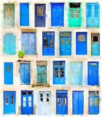 Watercolor of blue doors