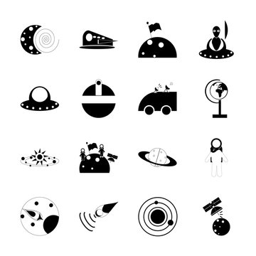 icon Cosmos with cosmonauts, globe, planet of solar sistem, ufo and astro