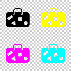 traveling bag, luggage, case. Colored set of cmyk icons on transparent background