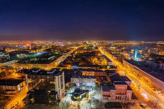 Night Voronezh downtown district. Aerial view from great height of skyscraper roof © Mulderphoto
