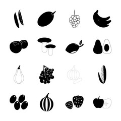 icon Fruits And Vegetables with blood orange, watermelon, olive tree, cherry laure and calabash