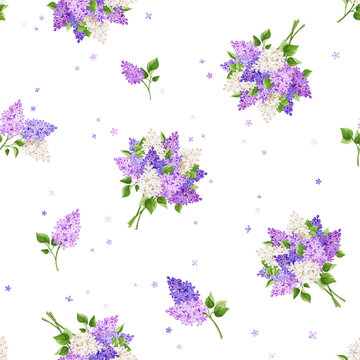 Vector seamless pattern with lilac flowers on a white background.