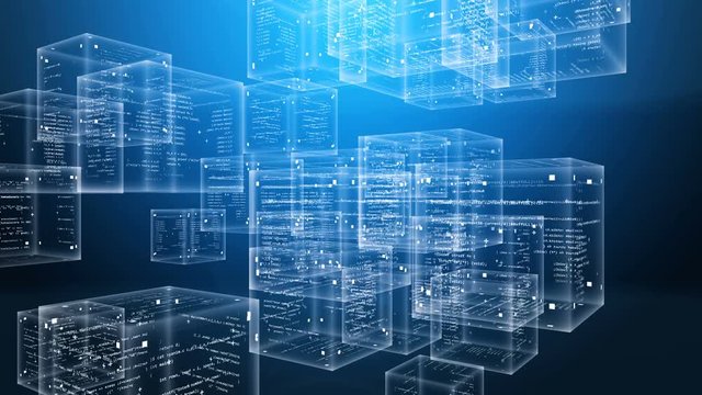 A holographic 3d rendering of program code boxes spinning around in the blue background. Their transparent areas are covered with white digits, letters and texts.