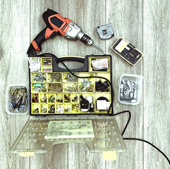 Tools, Drill and Organizer with pieces.top View. Photo Image