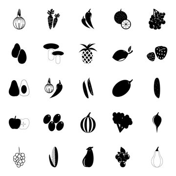 icon Fruits And Vegetables with vitamins, radish, cocuber, pea and olive crow