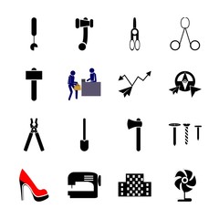 Obraz premium icon Instruments And Tools with lumberjack, pictocram, women shoe, mark and locate