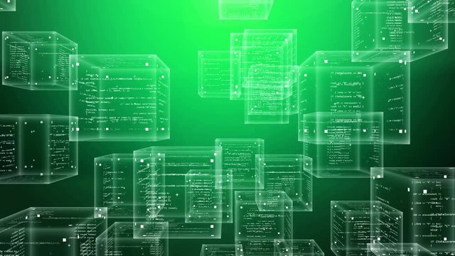 A multidimensional 3d rendering of program code boxes falling and shivering in the green background. Their surfaces are covered with encrypted messages and info.