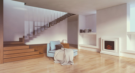 Modern bright interiors room 3D rendering illustration
