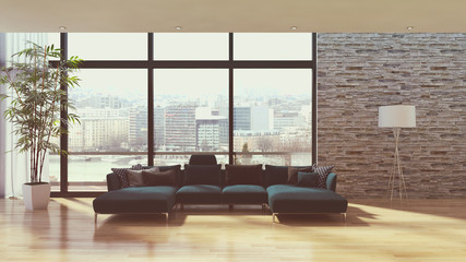 Modern bright interiors room 3D rendering illustration