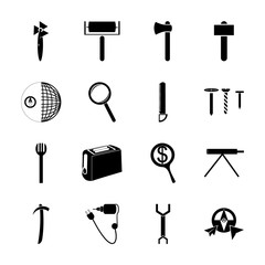 Fototapeta premium icon Instruments And Tools with button, hand drill, turbine, fork and motor