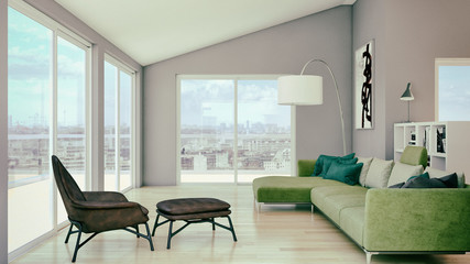 Modern bright interiors room 3D rendering illustration