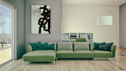 Modern bright interiors room 3D rendering illustration