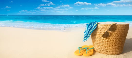 Foto op Plexiglas Summer accessories on sandy beach © Li Ding