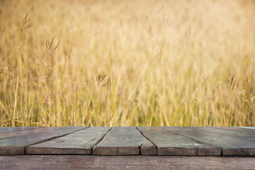 Old wooden planks with soft focus on grass with sunlight for background. Selective focus.