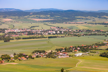 Aerial view of farmland and villages in the Czech countryside of northern Bohemia