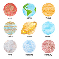 Watercolor Set of Solar System Planet with Names, Hand Drawn and Painted, Isolated on White - 201804012