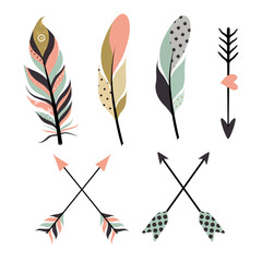 Set of tribal feathers isolated on white background.