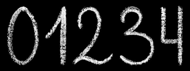 0, 1, 2, 3, 4 handwritten white chalk arabic numbers isolated on black background, hand-drawn chalk numerals, stock illustration in high resolution