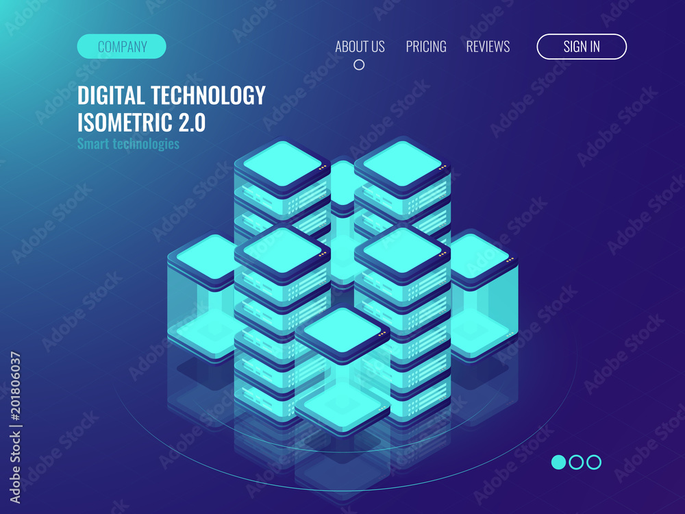 Poster bigdata processing and data center concept, server room, lighting isometric technology cube, abstrac