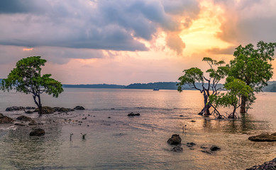 Chidiya Tapu beach sunset with moody sky and water reflection, Port Blair, Andaman India.