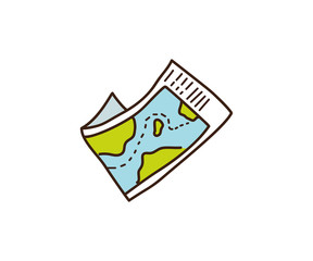 Vector doodle map with oceans, land, destination and information. Hand drawn illustration icon for vacations, holidays, traveling