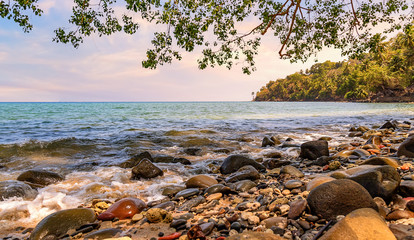 Ross island beach Andaman at sunset with moody sky. 