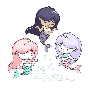 Little mermaids cartoon characters vector illustration