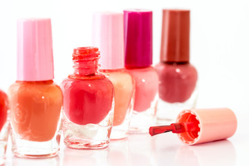 Close up bottles of the color bright fashion  polish , cosmetics and beauty nail polish art concept