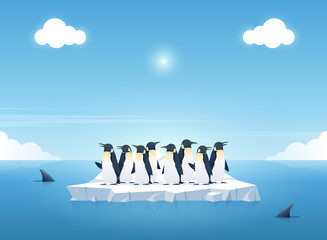Group of the penguins on a piece of iceberg among killer whales in the ocean. Whales swim in the ocean. Summer background concept. Vector illustration. © nb_factory