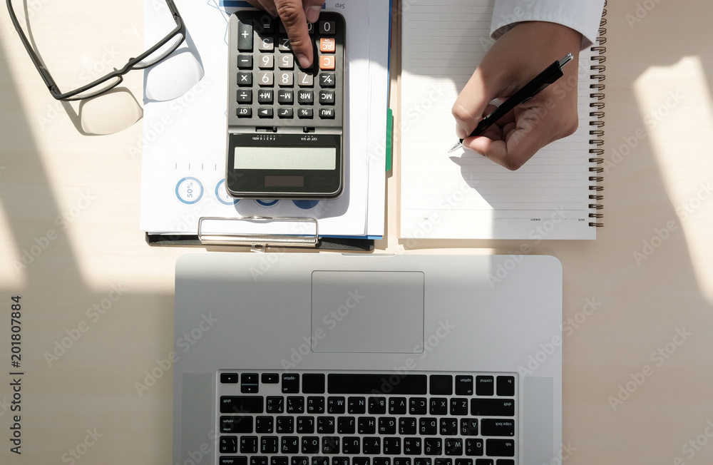 Poster close up businessman using calculator on documents unrecognizable finance use calculate about cost a