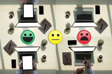 business man select happy on satisfaction evaluation? And good mood smiley