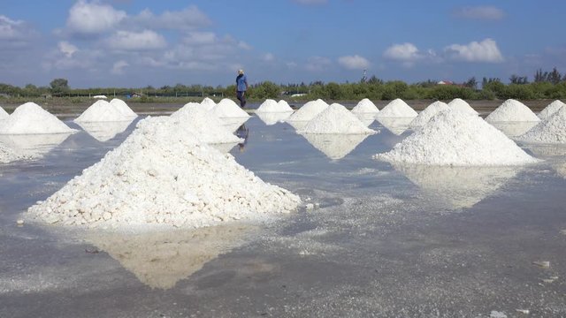 White salt field in sunny day. Royalty high quality free stock footage of white salt field in a beach village. Salt is an important food of people