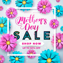 Mothers Day Sale Greeting card design with flower and typographic elements on abstract background. Vector Celebration Illustration template for banner, flyer, coupon, voucher, poster.