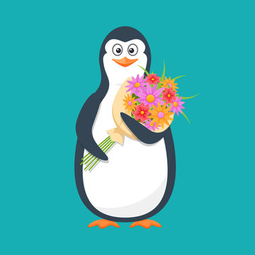 Funny penguin, Antarctic bird, with large bouquet flowers and smile.