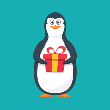 Funny penguin, Antarctic bird, with large gift and smile.
