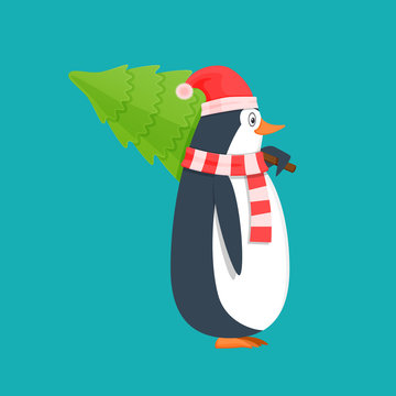 Funny penguin, Antarctic bird, in hat, scarf, with Christmas tree.